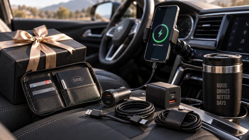 Punjač za automobil, kablovi, držač za telefon i organizator smešteni u unutrašnjosti automobila